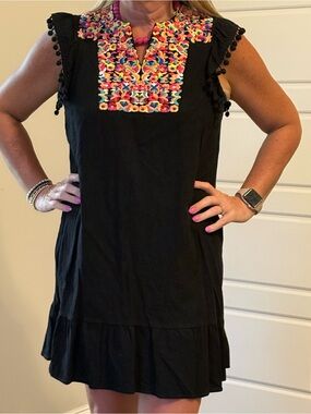 Black Mini Dress with Multicolor Embroidered Yoke